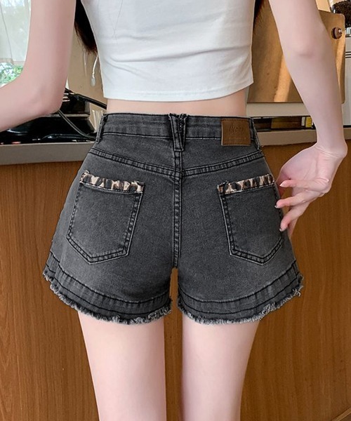REMUR ジーンズ デニム デニムパンツ 折り返しヒョウ柄デニムショート