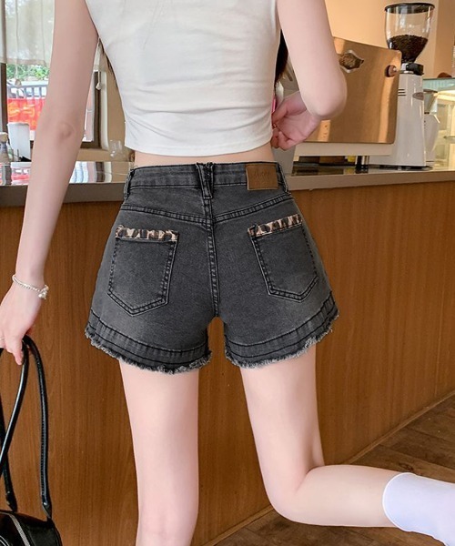REMUR ジーンズ デニム デニムパンツ 折り返しヒョウ柄デニムショート