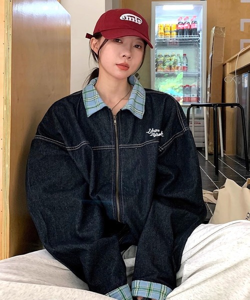 デニムジャケット gジャン チェックドッキングジップアップデニム 
