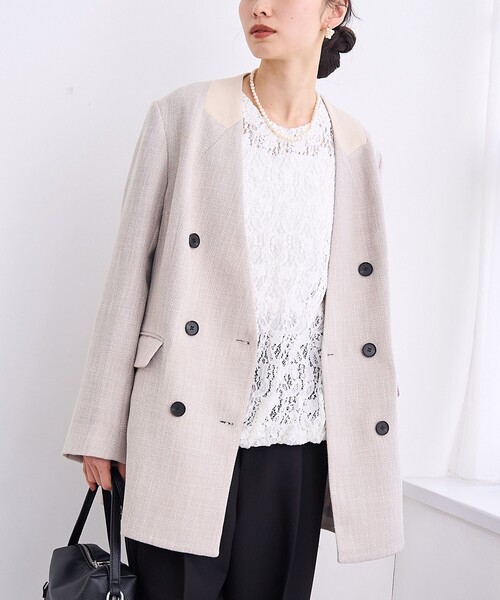 美品✨Rene ルネ 2024 ツイードノーカラージャケット パール コサージュ RONEL ジャケット ノーカラージャケット 「RONEL」ノーカラーツイード