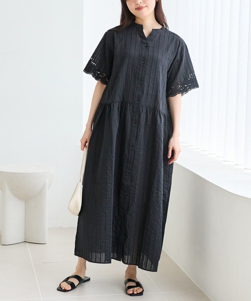 LAVEANGE（ラビアンジェ） シャツワンピース 「洗える」袖刺繍ドビー