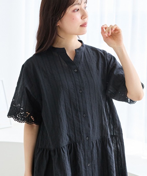 LAVEANGE（ラビアンジェ） シャツワンピース 「洗える」袖刺繍ドビー