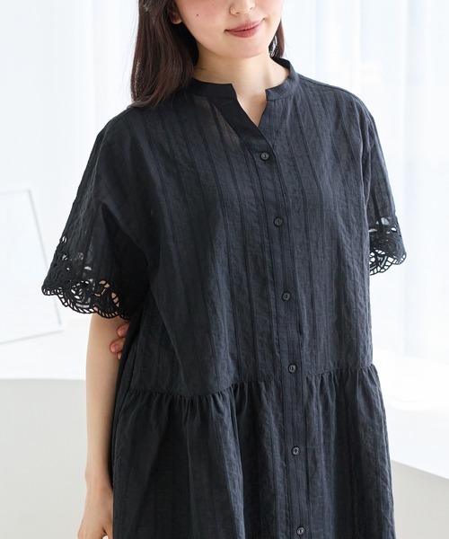 LAVEANGE（ラビアンジェ） シャツワンピース 「洗える」袖刺繍ドビー