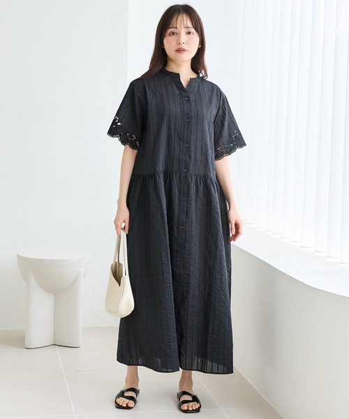 LAVEANGE（ラビアンジェ） シャツワンピース 「洗える」袖刺繍ドビー