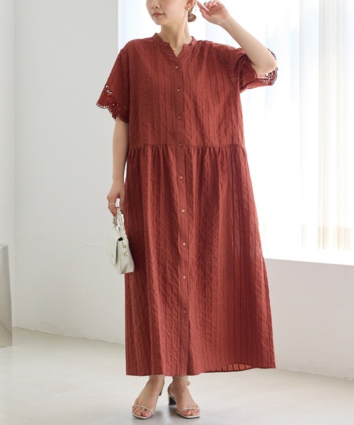 LAVEANGE（ラビアンジェ） シャツワンピース 「洗える」袖刺繍ドビー