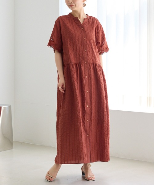 L'AppartementLisiere Maxi Shirts ワンピース LAVEANGE（ラビアンジェ） シャツワンピース 「洗える」袖刺繍ドビー