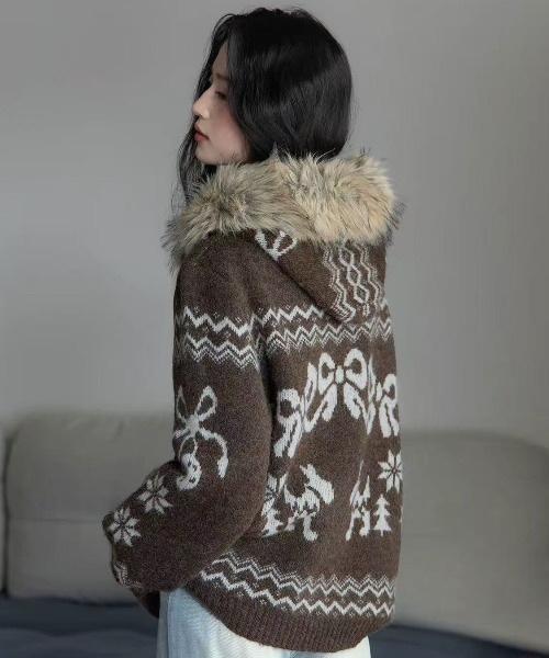 AVYL ダッフルコート コート ファーフードポンポン付きノルディック柄