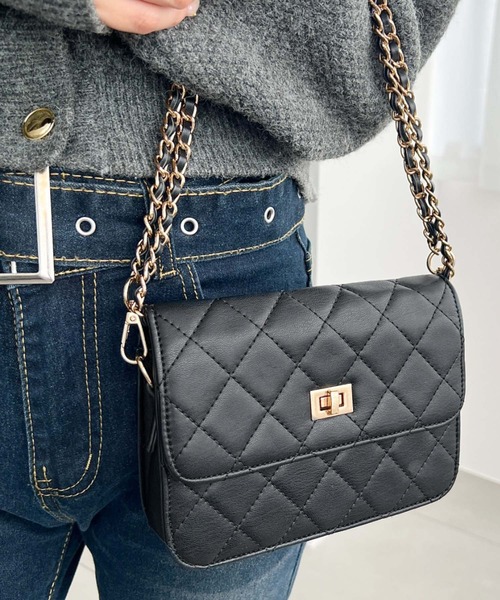 人気　キルティングレザー チェーンショルダーバッグ ブラック 楽天市場】【全品送料無料！】チェーンバッグ 黒 キルティング