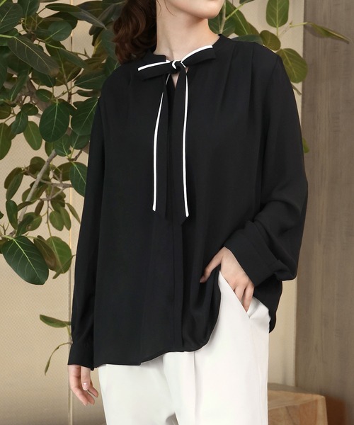Flolia ブラウス シャツ バイカラーボウタイ付き2wayブラウス