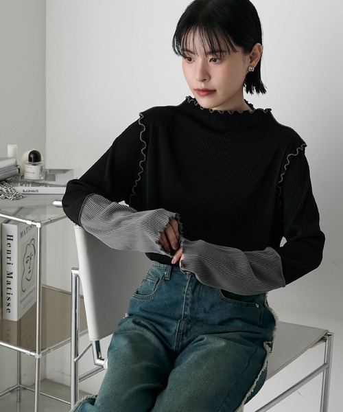 プリーツ加工 シアー 長袖 トップス ブラック forksy.（フォルクシー） tシャツ 「forksy.」「エブリデイシリーズ
