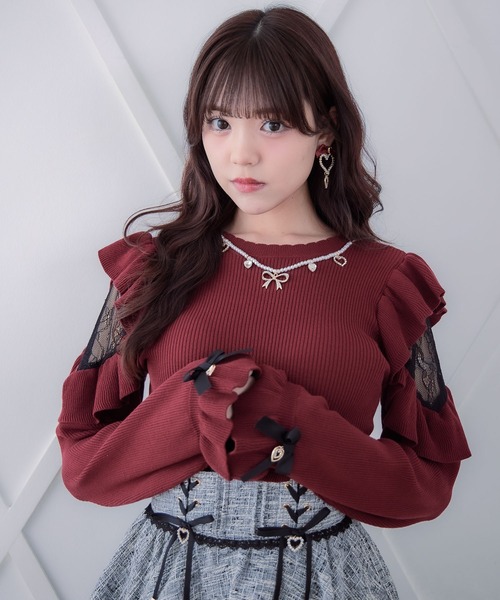 ROJITA ネックレス付肩ボリュームフリルニットトップス 地雷 ネックレス付肩ボリュームフリルニットトップス | Rlab store