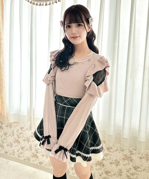 ニット セーター リボンニットビスチェ付シアーフリルネックトップス レディース leune ニット セーター リボンニットビスチェ付シアーフリル