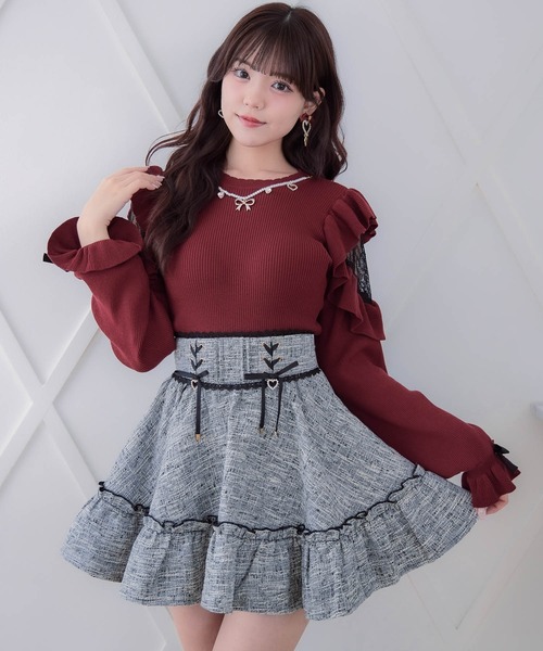 ニット セーター ローゲージフリルニット レディース ROJITA ニット セーター ネックレス付肩ボリュームフリルニット