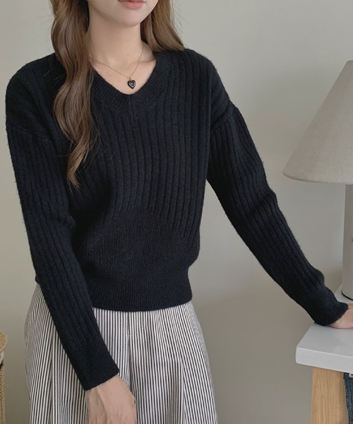 2ly2 ニット セーター Vネック ストライプ カジュアルウエストタイト