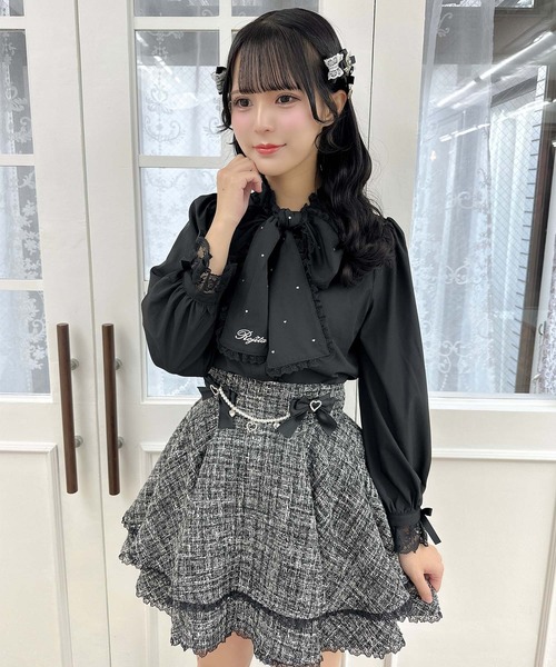 ブラウス シャツ ボウタイハートラインストーン付ブラウス レディース ROJITA ブラウス シャツ ボウタイハートラインストーン付