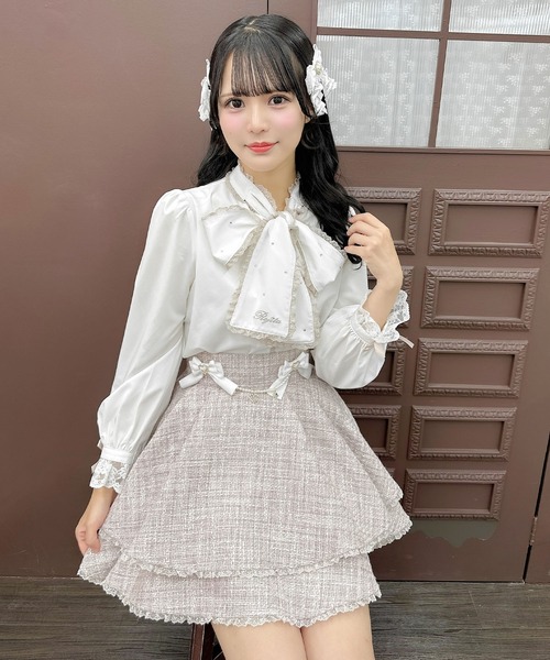 ブラウス シャツ ボウタイハートラインストーン付ブラウス レディース ROJITA ブラウス シャツ ボウタイハートラインストーン付