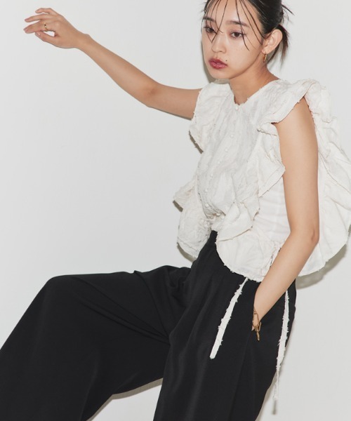 ベスト ジレ フリンジジャカードフリルべスト レディース ECLAM ベスト ジレ フリンジジャカードフリルべスト レディース