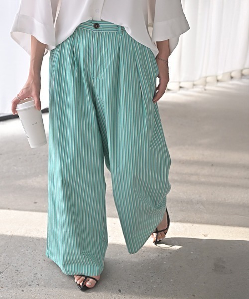 HUG.U（ハグユー） パンツ ストライプ コットン ワイドパンツ