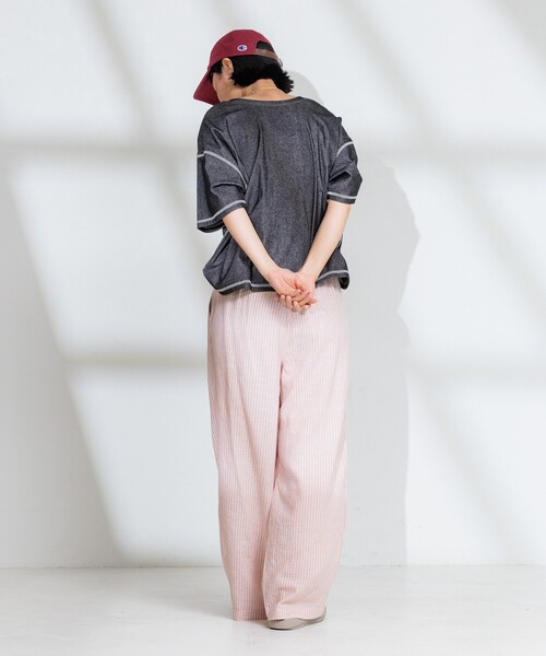 リネンブレンドカラーレスジャケット　リネンブレンドワイドパンツ ウォッシャブル】ナチュラルリネンブレンドワイドパンツ(パンツ