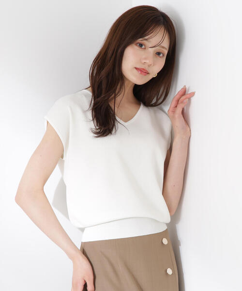 PING レディースセーター Mサイズ ホワイト/ネイビー　パンツの2点セット PROPORTION BODY DRESSING ニット セーター Vネック総針ニット