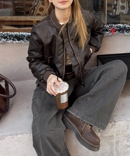 希少 LEATHER MA-1 ビンテージ レザージャケット 短丈 Starting Over（スターティング オーバー） ma1 ma-1 Vintage-like