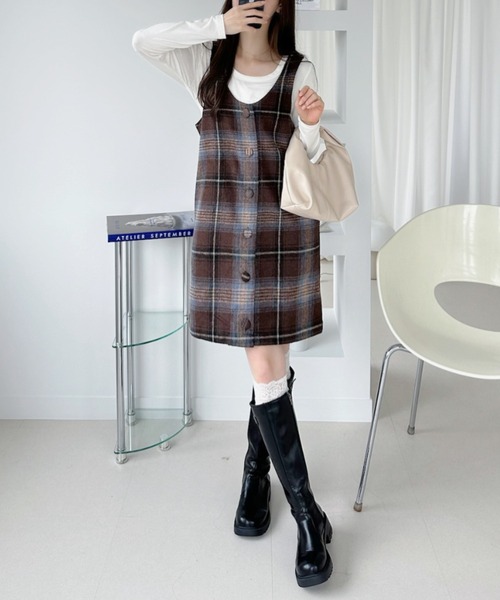 Ada. ワンピース チェック柄 Uネック ジャンパースカート : ZOZOTOWN