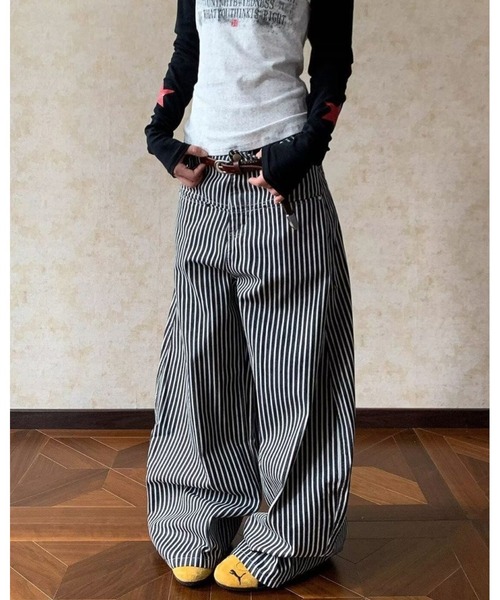 ダークデニムワイドパンツ サイドストライプ付き inst.ALL ワイドパンツ ジーンズ デニム デニムパンツ ヒッコリー