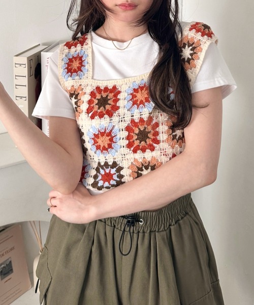 CLEA ベスト ジレ 夏 フラワークロシェ編みビスチェトップス