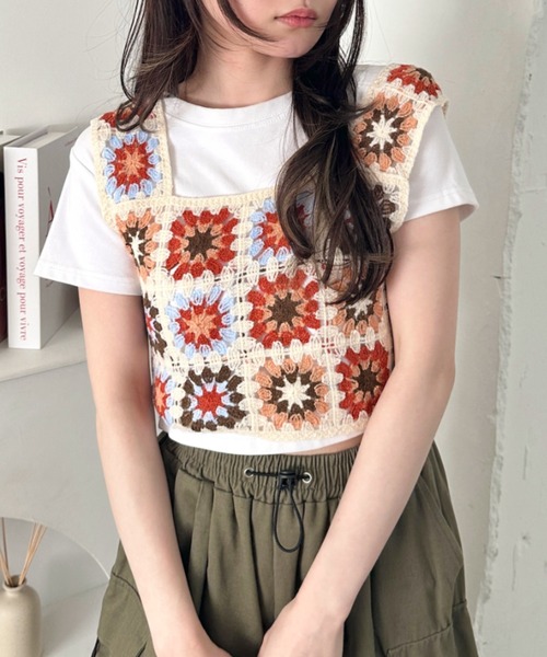 CLEA ベスト ジレ フラワークロシェ編みビスチェトップス レディース