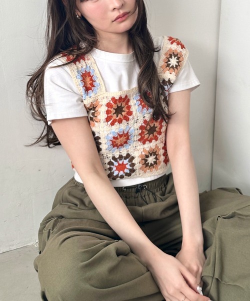 ＜Chika Kisada＞フラワー クロシェ ベスト CLEA ベスト ジレ フラワークロシェ編みビスチェトップス レディース