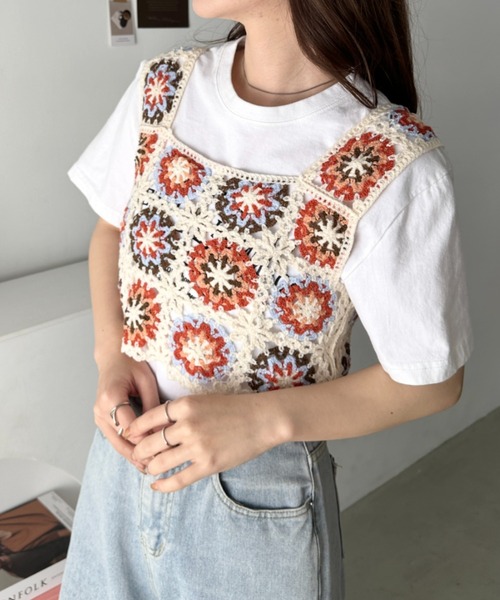 CLEA ベスト ジレ フラワークロシェ編みビスチェトップス