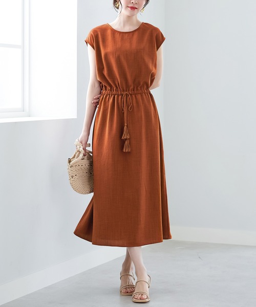 ワンピース リネンライクウエストゴムワンピース レディース