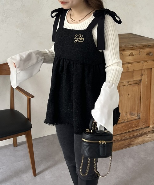 prose verse キャミソール 肩リボンツイードペプラムビスチェ