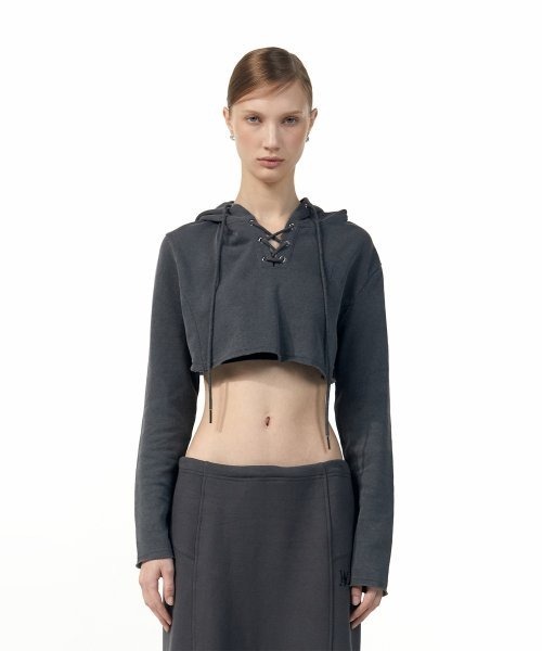 パーカー A'GEM/9 × .kom「WOOALONG/ウアロン」Signature lace-up crop hood/シグネチャーレースアップク