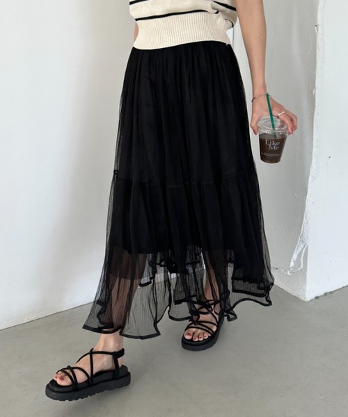 CLEA スカート シアーチュールプリーツ フレアロングスカート