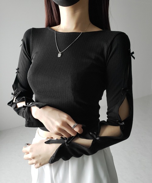 世界を買える 海外ブランド me+em 」ミニリボンカットアウト長袖 2color 「 tシャツ select トップス