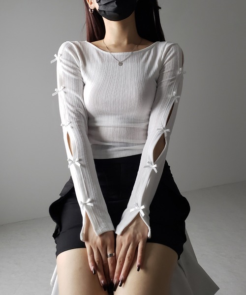 tシャツ CUTWORK RIBON  TOPS/カットワークリボントップス レディース SLY tシャツ CUT OUT RIBBON TOPS カットアウト リボン トップス