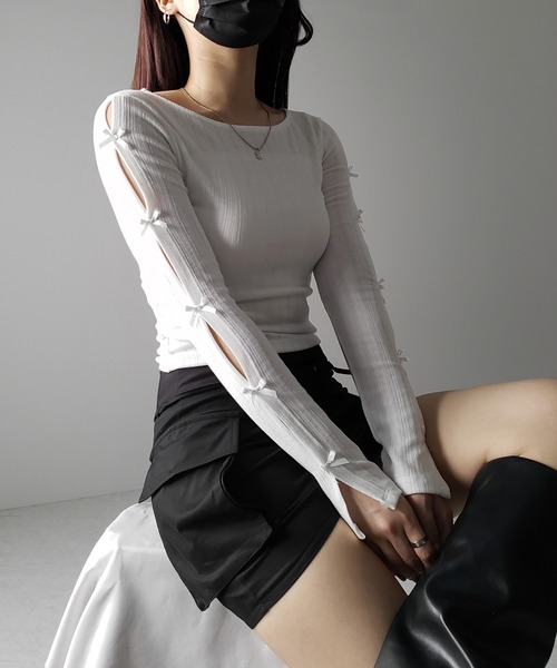 me+em select tシャツ 「 2color 」ミニリボンカットアウト長袖