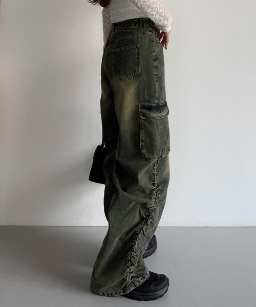 45R デニム ワイドパンツ ガウチョ ギャザー インディゴ Ｒ刺繍 2 callautia ジーンズ デニム デニムパンツ サイドギャザーデニム