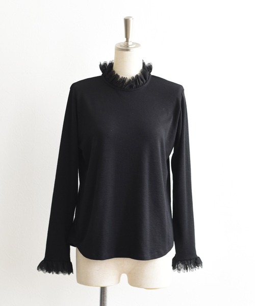 tシャツ スカラップフリルハイネックトップス レディース