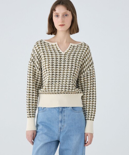 【MACPHEE】ハウンドトゥース キーネックプルオーバー MACPHEE ニット セーター ハウンドトゥース キーネックプル