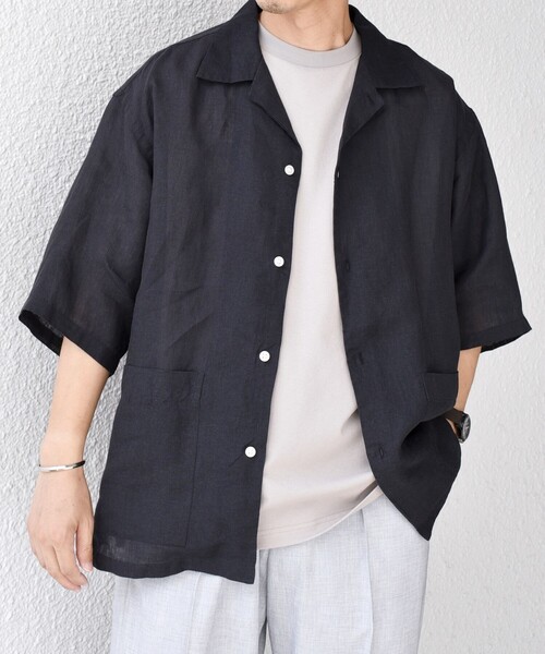 【名作アーカイブ】Y's for men リネン オープンカラー シャツ 黒a1 SHIPS any シャツ any: ピュアリネン キャンプポケット ハーフスリーブ