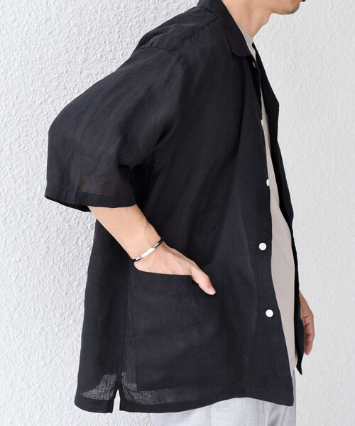 【名作アーカイブ】Y's for men リネン オープンカラー シャツ 黒a1 SHIPS any シャツ any: ピュアリネン キャンプポケット ハーフスリーブ