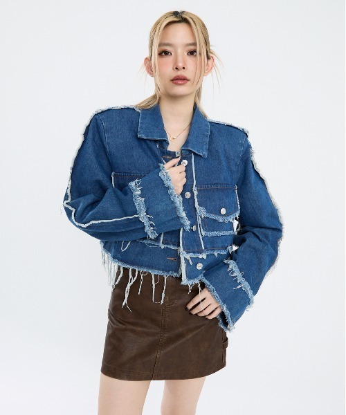 Clum デニムジャケット gジャン 肩パッド入りクロップドデニム