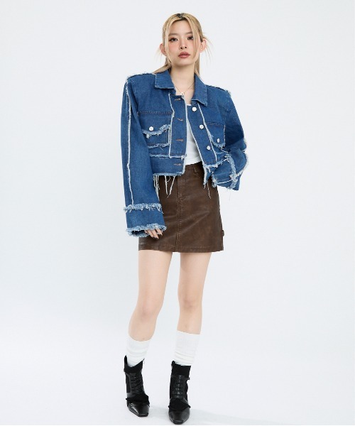 Clum デニムジャケット gジャン 肩パッド入りクロップドデニム