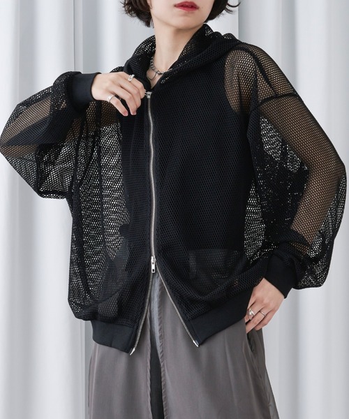 Ellno Loset パーカー メッシュダブルジップフーディ メンズ