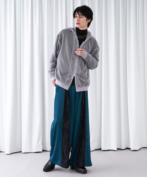 Ellno Loset パーカー メッシュダブルジップフーディ メンズ