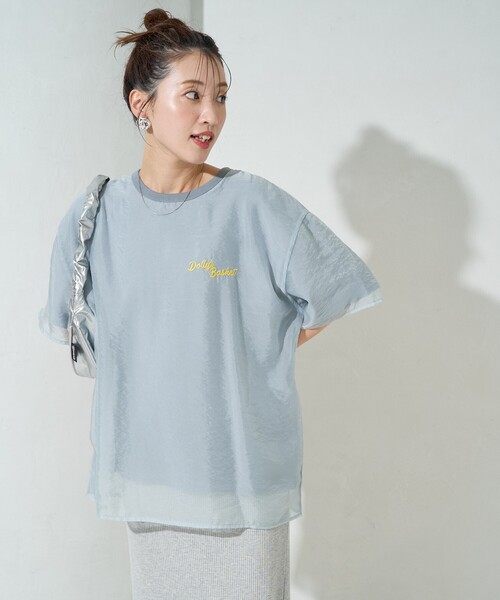フラワーレース刺繍オーガンジー半袖カットソー　ベージュ forksy.】フラワーレースシアー半袖トップス forksy.│MONO-MART