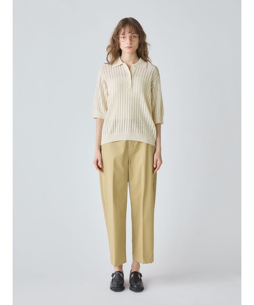 今季新品　リネン混【MidiUmi】模様編みニットポロ　ライトグレー　ミディウミ MidiUmi ニット セーター 模様編みニットポロ レディース