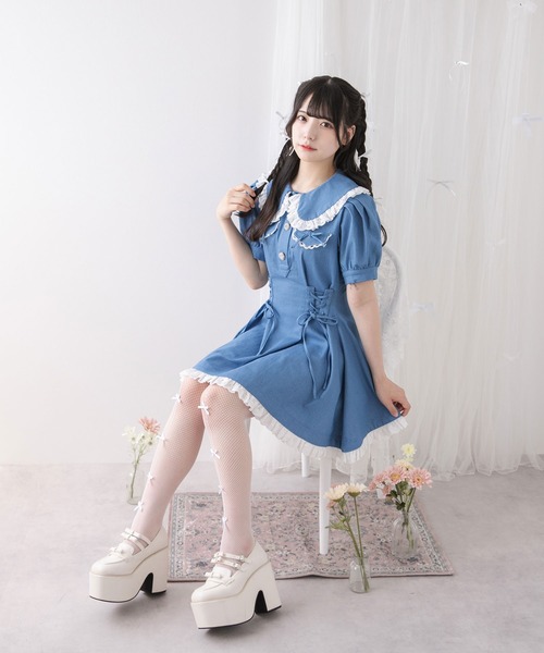 ワンピース　m♡︎専用 DearMyLoveRose ワンピース 丸襟デニムフレアワンピース「大きい